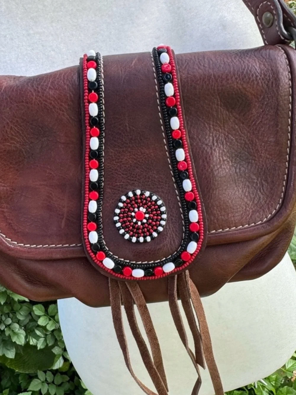 Pikolinos Boho Beaded Brown Leather Crossbody With Red/White/Black Beading